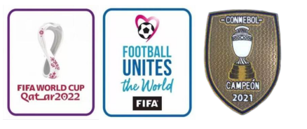 2022 Qatar World Cup White & Football Unites The World White Badges & CONMEBOL CAMPEON 2021