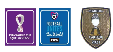 2022 Qatar World Cup Purple & Football Unites The World Blue Badges & CONMEBOL CAMPEON 2021 Badge
