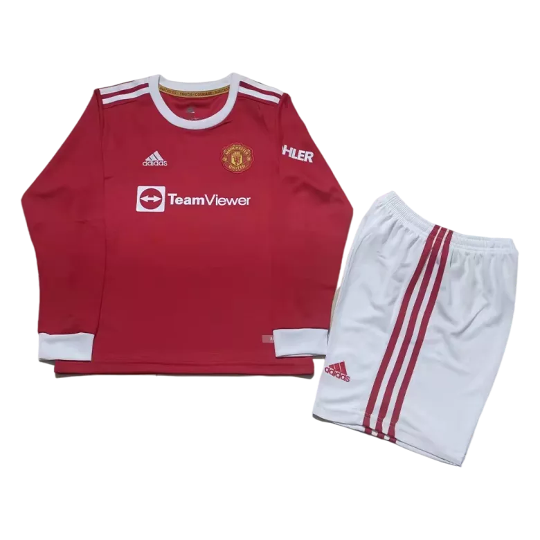 Manchester United Home Long Sleeve Kids Soccer Jerseys Kit 2021/22 - gogoalshop