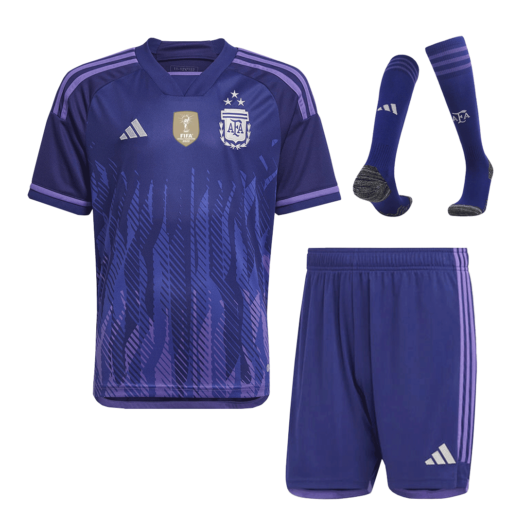 Argentina Away World Cup Kids Jerseys Full Kit 2022 Three Stars
