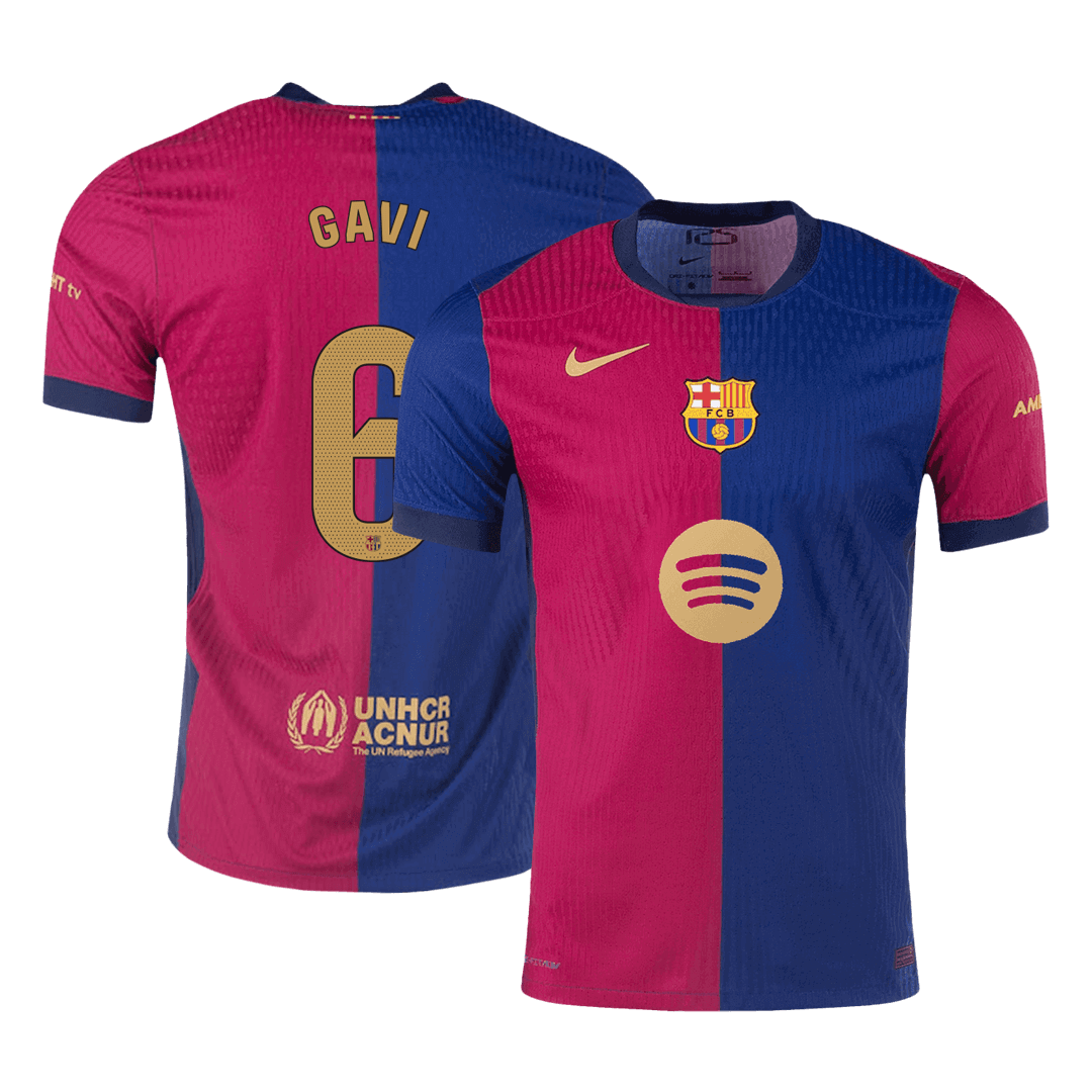 GAVI #6 Barcelona Home Authentic Soccer Jersey - Spotify Logo Without Text - gogoalshop