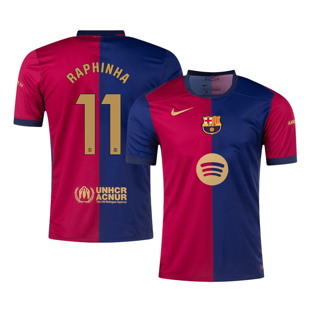 RAPHINHA #11 Barcelona Home Soccer Jersey - Spotify Logo Without Text - gogoalshop